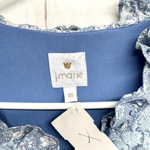 J. Marie Dress Women Size XS Blue Tiered Embroidered Midi Flutter Sleeve Pockets - Picture 2 of 6
